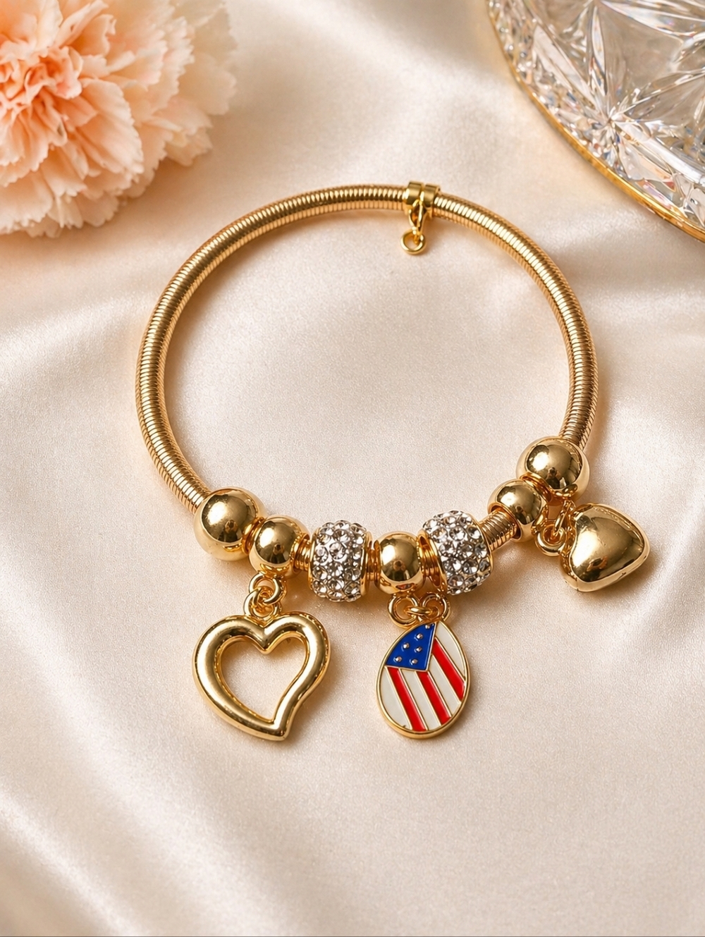 Kids Gold Charm Bracelet | Heart & USA Flag Bracelet